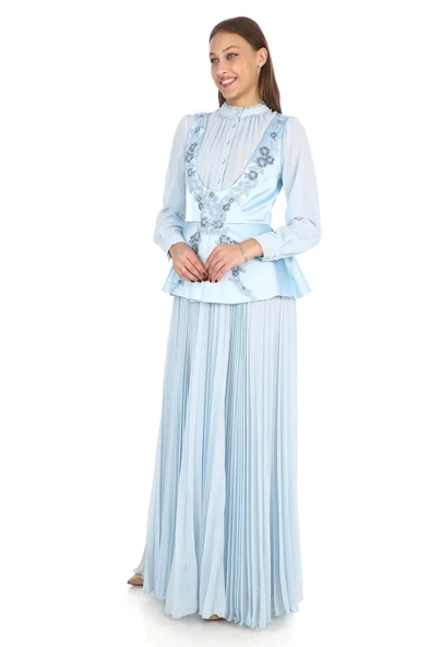 Saten Yelekli Dantel Detaylı Pliseli Abiye 2706-Bebe Mavisi - 3