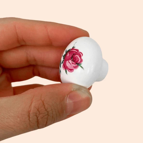 15 Adet Pembe Gül Desenli Beyaz Polimer Düğme Kulp Mantar Mobilya Mutfak Dolabı Çekmece Kulbu Kulpları - Resim 4