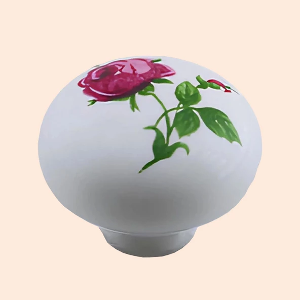 Pembe Gül Desenli Beyaz Polimer Düğme Kulp Mantar Mobilya Mutfak Dolabı Çekmece Kulbu Kulpları - 4