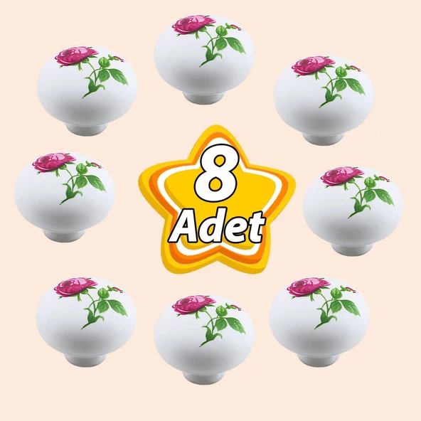 8 Adet Pembe Gül Desenli Beyaz Polimer Düğme Kulp Mantar Mobilya Mutfak Dolabı Çekmece Kulbu Kulpları ürün görseli 1