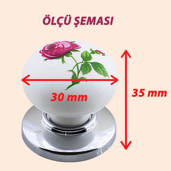 8 Adet Pembe Gül Desenli Beyaz Polimer Düğme Kulp Krom Tablalı Mobilya Mutfak Dolabı Çekmece Kulbu Kulpları - Resim 2