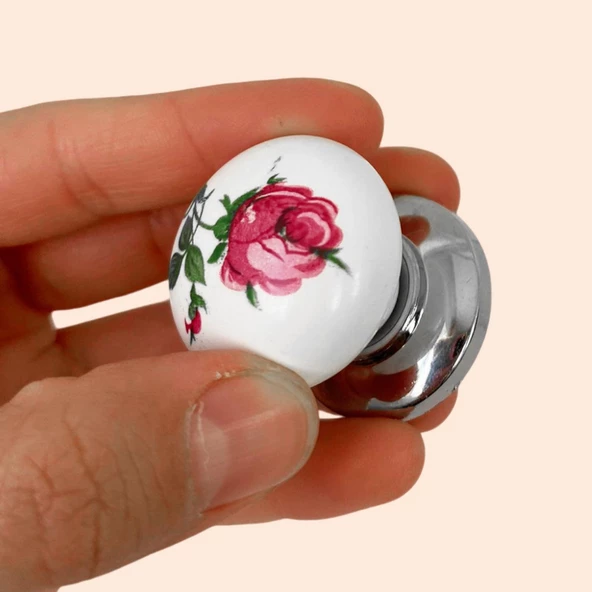 Pembe Gül Desenli Beyaz Polimer Düğme Kulp Krom Tablalı Mobilya Mutfak Dolabı Çekmece Kulbu Kulpları - 3