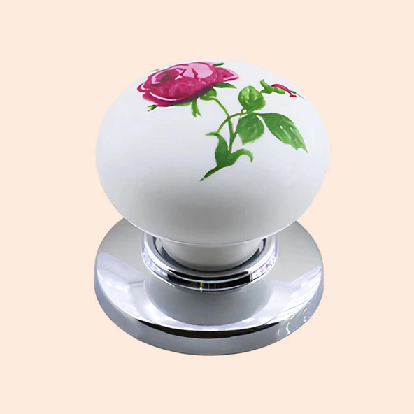 8 Adet Pembe Gül Desenli Beyaz Polimer Düğme Kulp Krom Tablalı Mobilya Mutfak Dolabı Çekmece Kulbu Kulpları - Resim 5