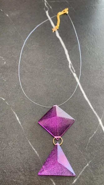 Parlak Mor Renkli 2'li Prizma Kare Üçgen Kombin Misinalı Ucu Kristal Gold Aksesuarlı Epoksi Kolye - 2