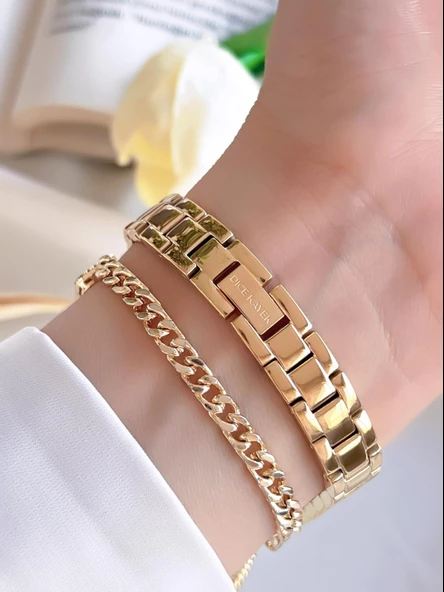 Dice Kayek Çelik Kordon Çelik Kasa Kararma Renk Atma Yapmaz Kadın Kol Saati+Bileklik AG1287.02 - Resim 3