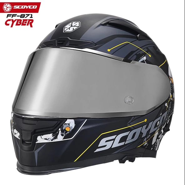 SCOYCO FF-871 CYBER MAT SİYAH-GRİ GÜNEŞ VİZÖRLÜ KAPALI KASK (GRİ CAMLI)