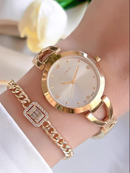 Dice Kayek Çelik Kordon Çelik Kasa Kararma Renk Atma Yapmaz Kadın Kol Saati+Bileklik AG1287.02 ürün görseli