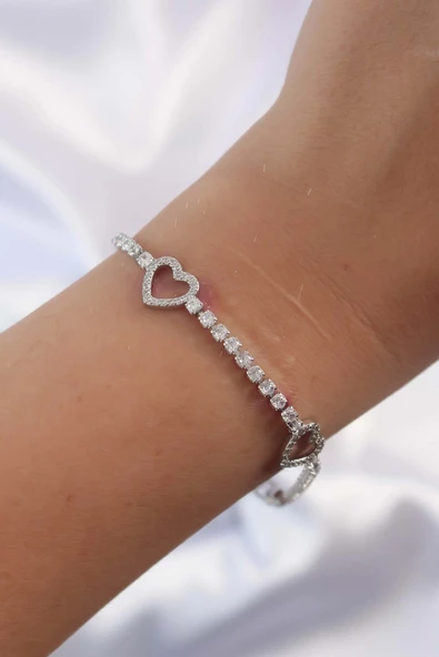 Kalp Figürlü Su Yolu Tasarımlı Gümüş Renk Zirkon Taşlı Kadın Bileklik - XD-BB6319-ST - Resim 2