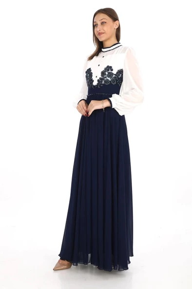 Göğüs Dantel İşlemeli Abiye Elbise 2702-Lacivert - 3