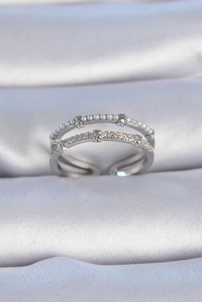 Pirinç Gümüş Renk Zirkon Taşlı İnci Detay Kadın Yüzük - EBJ241012W28578 ürün görseli