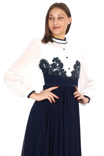 Göğüs Dantel İşlemeli Abiye Elbise 2702-Lacivert - 2