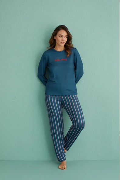 Gd Goldoremi 14102-4 Kadın Lazy Day Kadife Uzun Kol Çizgili Termal Pijama Takım