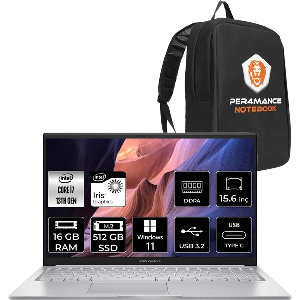 Vivobook 15 Intel Core I7 1355U 16GB 512GB SSD 15.6' Fhd W11H Taşınabilir Bilgisayar X1504VA-NJ412 & Per4 Çanta ürün görseli