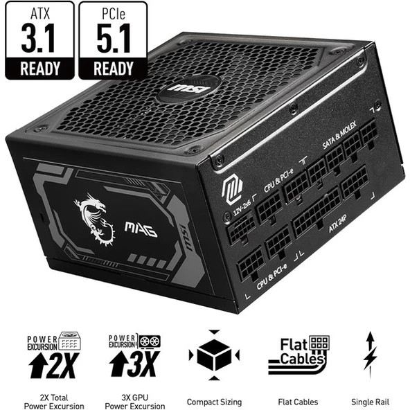 MSI 1000W 80+ GOLD MAG A1000GL PCIE 5.1 TAM MODÜLER POWER SUPPLY - 2