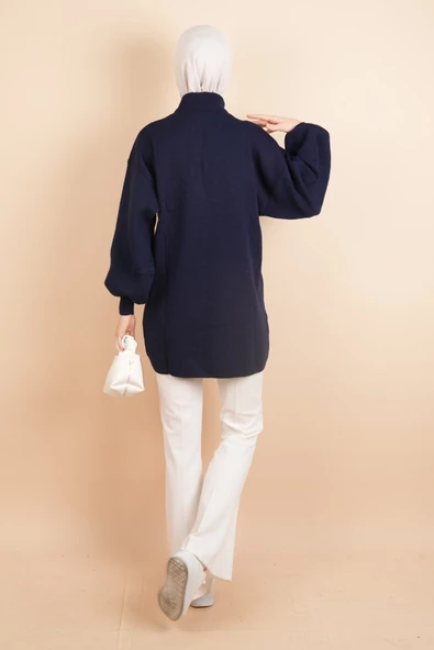 Balon Kol Düz Basic Hakim Yaka Fermuarlı Tunik Kazak Lacivert - 4