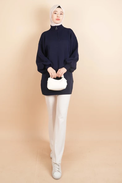 Balon Kol Düz Basic Hakim Yaka Fermuarlı Tunik Kazak Lacivert - 2