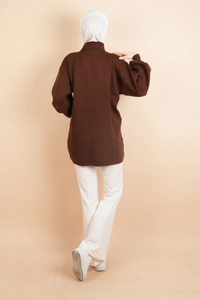 Balon Kol Düz Basic Hakim Yaka Fermuarlı Tunik Kazak Kahverengi - 4