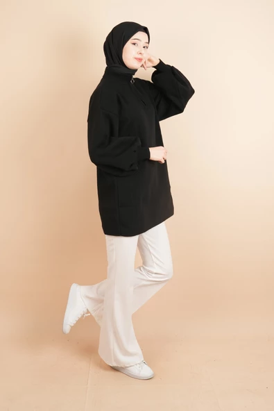 Balon Kol Düz Basic Hakim Yaka Fermuarlı Tunik Kazak Siyah - 3