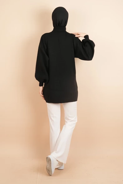 Balon Kol Düz Basic Hakim Yaka Fermuarlı Tunik Kazak Siyah - 4