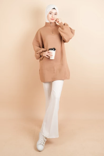 Balon Kol Düz Basic Hakim Yaka Fermuarlı Tunik Kazak Bej - 2