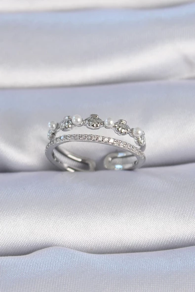 MuI MuI Pirinç Gümüş Renk Zirkon Taşlı İnci Detay Midye Model Kadın Yüzük