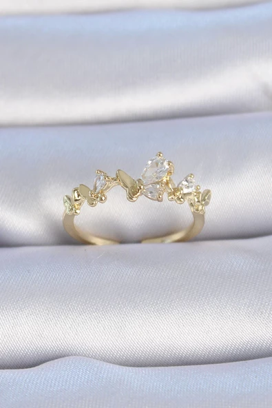 MuI MuI Pirinç Gold Renk Zirkon Taşlı Kelebek Model Kadın Yüzük