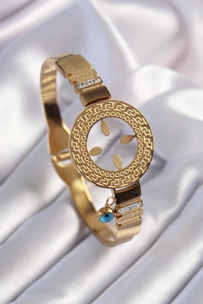 MuI MuI 316L Çelik Gold Renk Çeyrek Altın Takılabilen Zirkon Taş İşleme Detay Kadın Bileklik