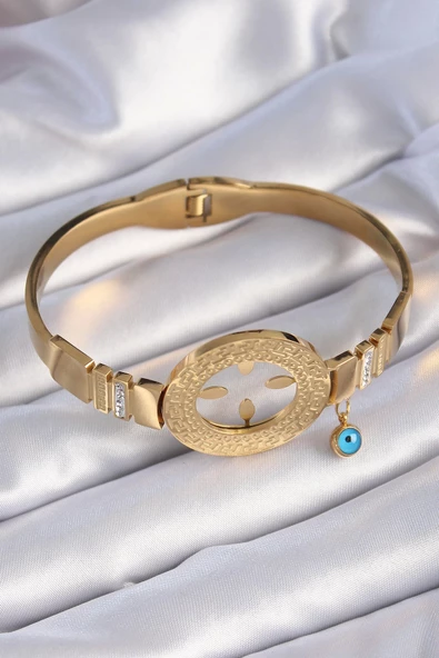 MuI MuI 316L Çelik Gold Renk Çeyrek Altın Takılabilen Zirkon Taş İşleme Detay Kadın Bileklik - Resim 2