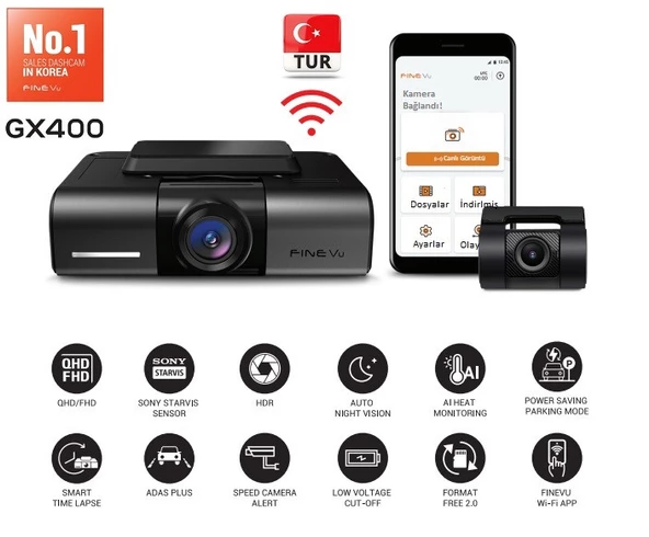 FineVu GX400 QHD 2K Wi-Fi Türkçe 2 Kameralı Araç Kamerası - 4
