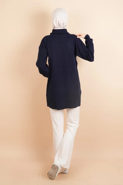 Yarım Fermuarlı Fitilli Tunik Kazak Lacivert - 4