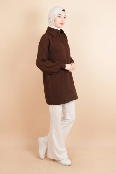 Yarım Fermuarlı Fitilli Tunik Kazak Kahverengi - 3