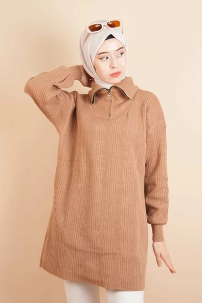 Yarım Fermuarlı Fitilli Tunik Kazak Bej