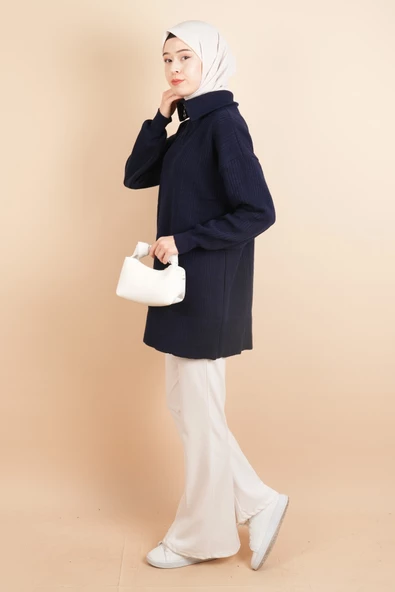 Yarım Fermuarlı Fitilli Tunik Kazak Lacivert - 3