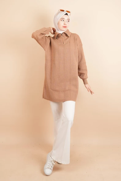 Yarım Fermuarlı Fitilli Tunik Kazak Bej - 2