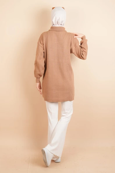 Yarım Fermuarlı Fitilli Tunik Kazak Bej - 4