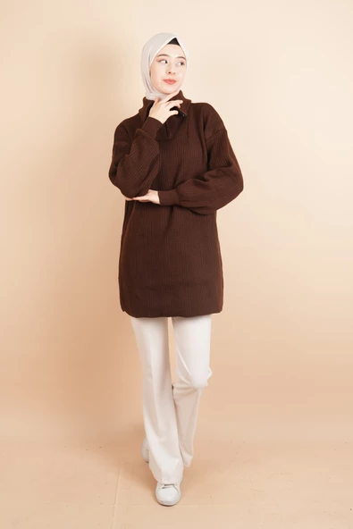 Yarım Fermuarlı Fitilli Tunik Kazak Kahverengi - 2