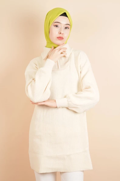 Yarım Fermuarlı Fitilli Tunik Kazak Krem