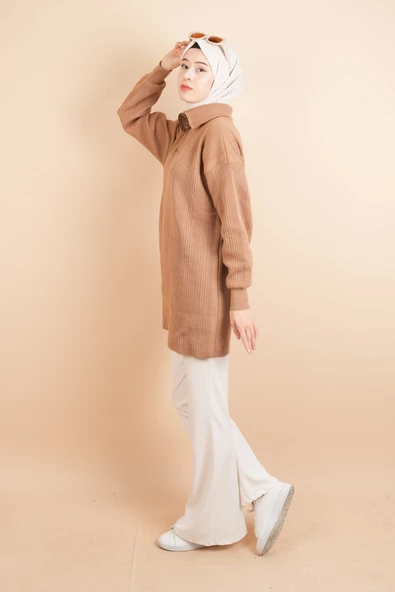 Yarım Fermuarlı Fitilli Tunik Kazak Bej - 3