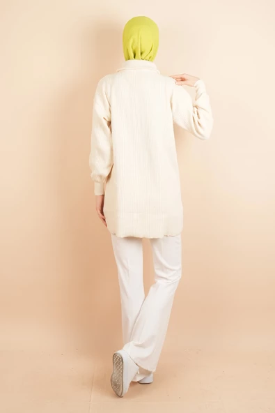 Yarım Fermuarlı Fitilli Tunik Kazak Krem - 4