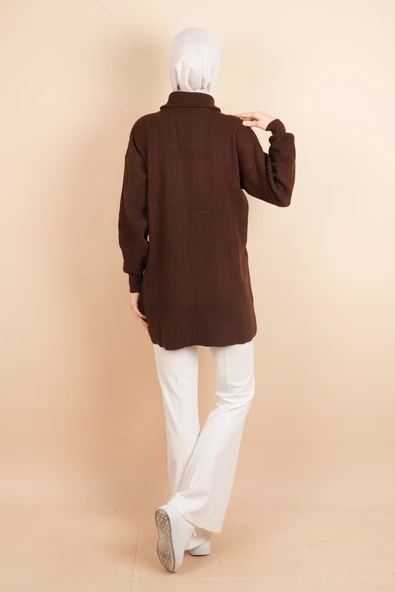 Yarım Fermuarlı Fitilli Tunik Kazak Kahverengi - 4