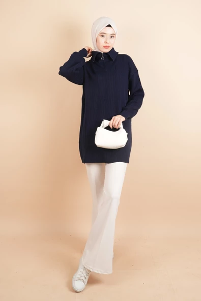 Yarım Fermuarlı Fitilli Tunik Kazak Lacivert - 2