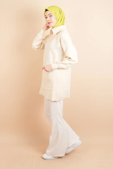 Yarım Fermuarlı Fitilli Tunik Kazak Krem - 3