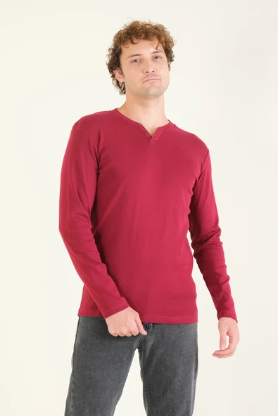 Erkek Sıfır Yaka Düğmeli Uzun Kol Sweatshirt Bordo - 2