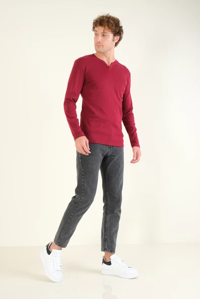 Erkek Sıfır Yaka Düğmeli Uzun Kol Sweatshirt Bordo - 5