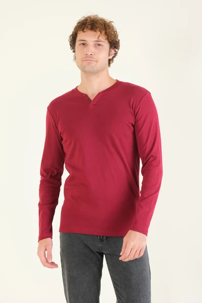 Erkek Sıfır Yaka Düğmeli Uzun Kol Sweatshirt Bordo
