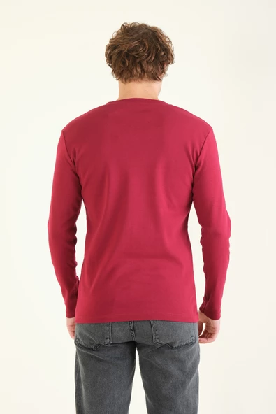Erkek Sıfır Yaka Düğmeli Uzun Kol Sweatshirt Bordo - 6