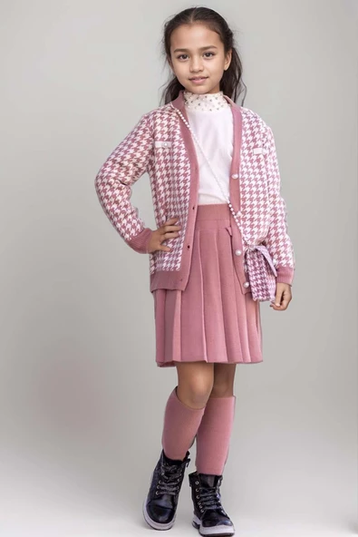 Kız Çocuk Kolları ve Yakası İnci Detaylı Bluz Kazayağı Desenli Triko Ceket Pembe Etekli Takım - 5