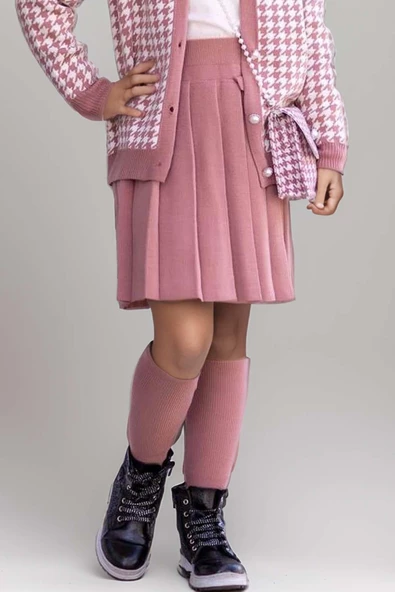 Kız Çocuk Kolları ve Yakası İnci Detaylı Bluz Kazayağı Desenli Triko Ceket Pembe Etekli Takım - 7