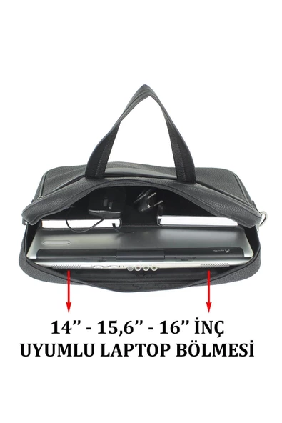15,6" Inç Sunni Deri Klasik Tarz Siyah Evrak / Laptop Çantası - 6