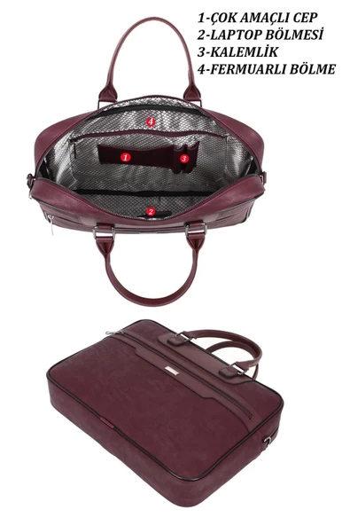 Suni Deri 15,6 inç Bordo Laptop Evrak Çantası - 3